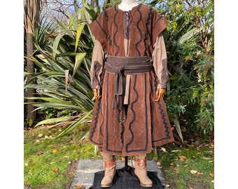 LARP Panelled Waistcoat - Brown - Suede Effect Fabric with Ornate Braiding