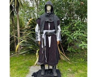 LARP 3 Piece Outfit Set, Suede Effect Panel Waistcoat, Wrap-Around Hood, Shirt, Grey for Cosplay, Ren Faire, Viking, Medieval History events