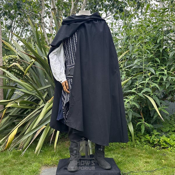 LARP-Umhang mit Kapuze, schwarzer Wollumhang, Kapuzenumhang für Renaissance-Feste, Mittelalter-Fantasy-Kostüm, Zaubererrobe, Magier, Wikinger, Vampir, Cosplay