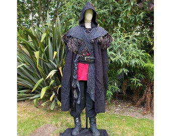 Viking Warrior LARP Outfit - 5 Pieces; Black Cloak, Black Faux Fur Mantle, Wrap Around Hood, Red & Black Shirt, Pants