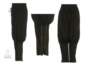 Medieval Celtic Viking Pants, Black Cotton with Braiding Trousers for LARP, Cosplay, Renaissance Faire or Historical Settings