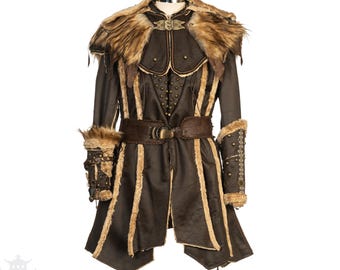 Medieval LARP Faux Leather Armor Set, 3 Pcs, Brown, Jacket, Hood, Vambraces, Viking, Warrior, Barbarian, Cosplay, Renaissance Faire costume