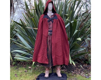 LARP Herringbone Wool Cloak - Red Wool with Cross Over Wrap Around Strap