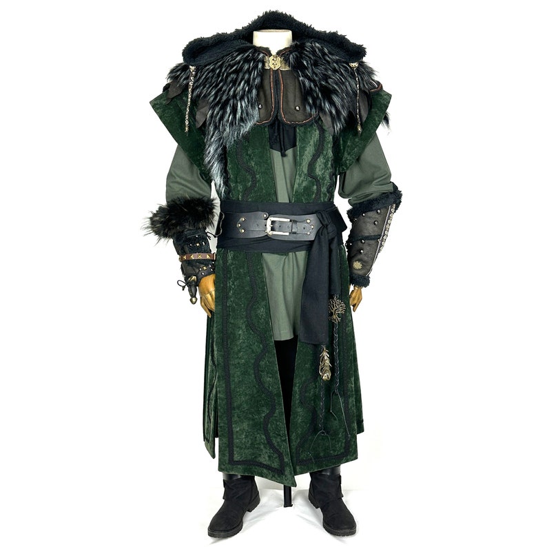 Twilight Alchemist LARP Outfit 7 Pieces, Green Waistcoat, Faux Leather Hood, Vambraces, Tunic, Pants, Sash and Necklace image 3