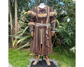 Dwarf Lord LARP Outfit - 7 Pieces; Brown Waistcoat, Green & Brown Tunic, Hood, Vambraces, Pants, Belt, Sash