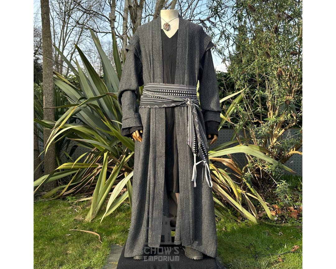 Medieval LARP Wizard Robe, Dark Grey Herringbone Wool, Renaissance
