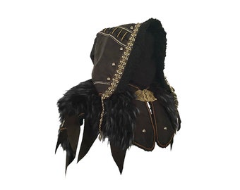 Ornate LARP Hood - Black Faux Leather and Black & Grey Faux Fur with Fleece Lining