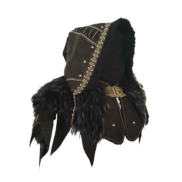 Ornate LARP Hood - Black Faux Leather and Black & Grey Faux Fur with Fleece Lining