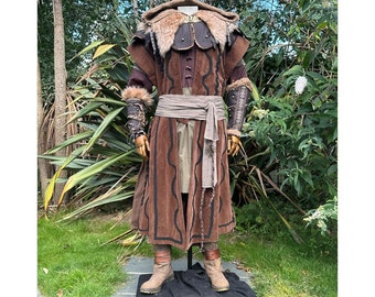 Dwarf Lord LARP Outfit - 4 Pieces; Brown Waistcoat, Fur Ornate Hood, Vambraces, Sash