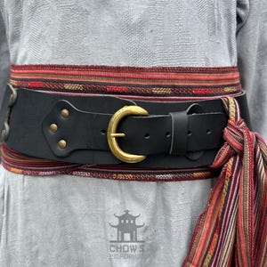 Buffalo Leather Belt and Sash Set - Red Autumnal Stripe Pattern | For LARP, Medieval, Viking, Celtic, Warrior, Fantasy, Cosplay, Ren Faire