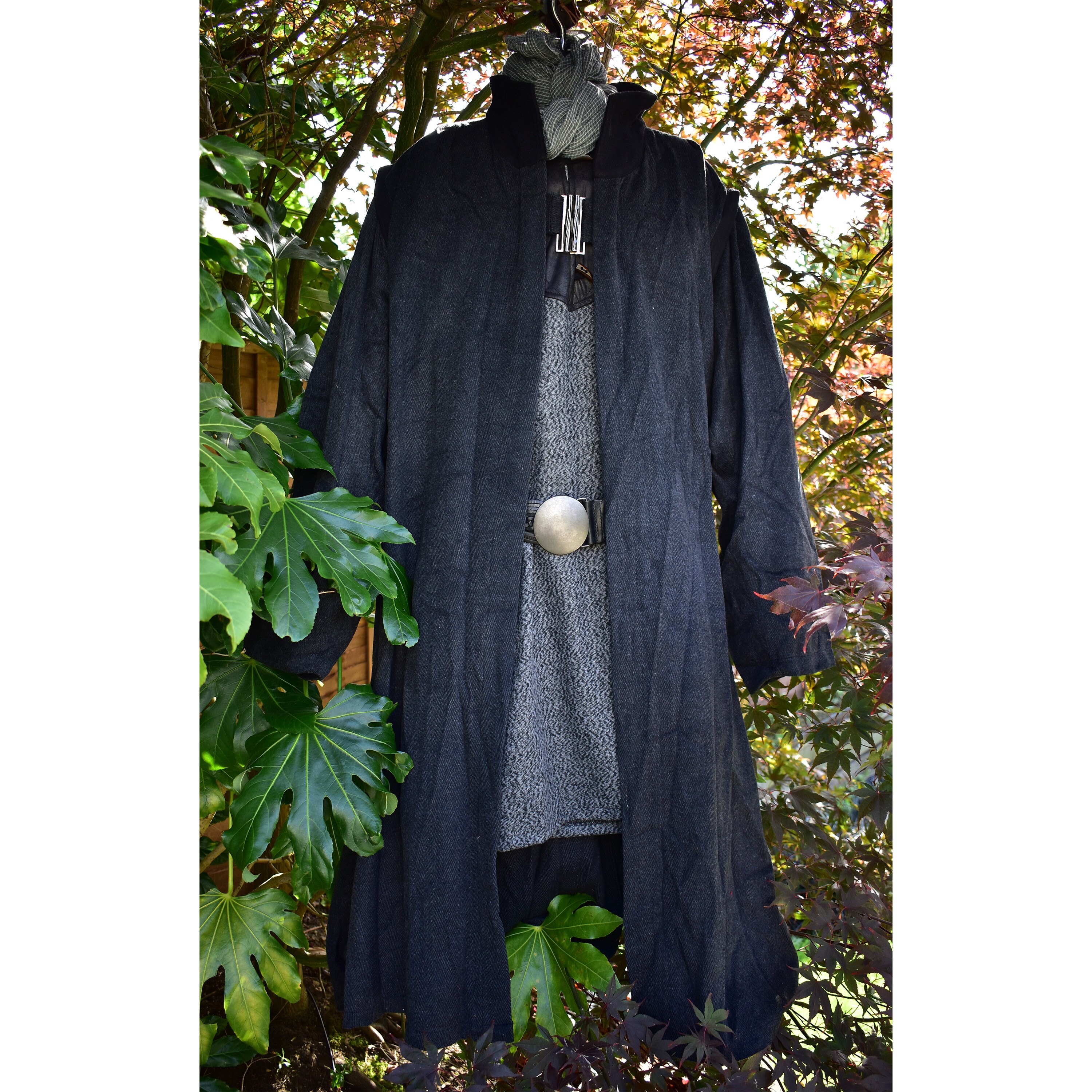 Image of Larp Robe/Black Herringbone Wool Steampunk High Collar Cosplay Viking Sca Costume