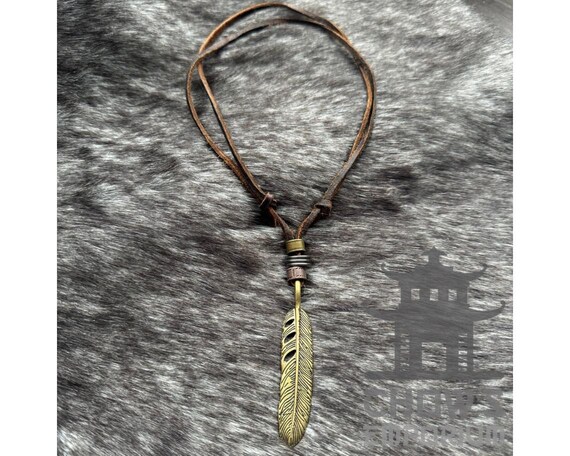 Medieval LARP Feather Necklace - Brass With Brown Leather Cord 
