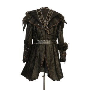 Dark Warrior 3-Piece Set – Perfect for Fighter, Warlock, and Assassin characters in LARP, Cosplay, and Ren Faire. Includes Faux Fur lined Studded faux leather Coat, Hood, and Vambraces.