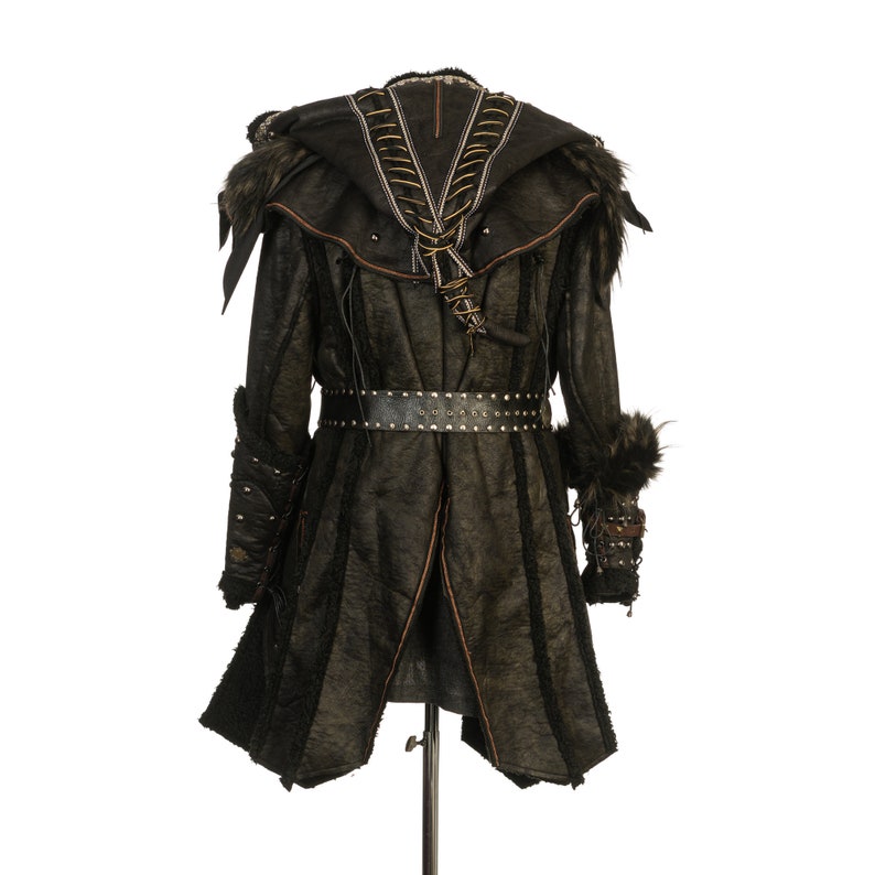 Dark Warrior 3-Piece Set – Perfect for Fighter, Warlock, and Assassin characters in LARP, Cosplay, and Ren Faire. Includes Faux Fur lined Studded faux leather Coat, Hood, and Vambraces.