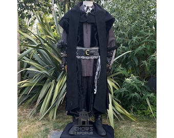 Medieval Warlock LARP Outfit - 4+ Pcs - Waistcoat, Hood, Vambraces, Sash - Druid, Mage, Fantasy, Renaissance Faire