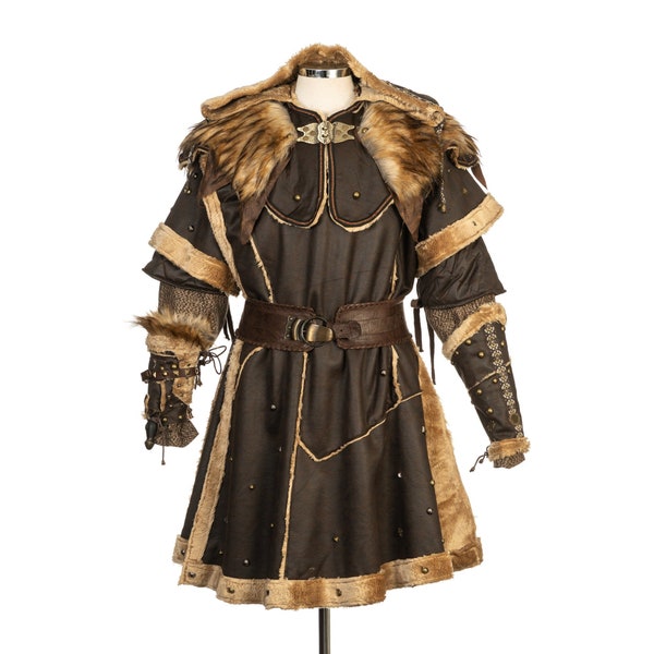 Barbarian Master LARP Outfit - 3 Pieces; Brown Fleece Lined Faux Leather Tunic, Ornate Hood & Vambraces