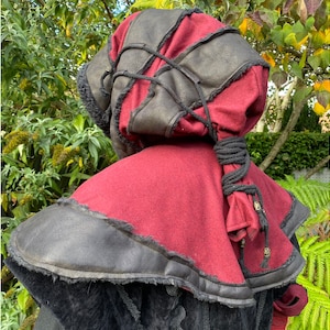 Medieval Layered Hood with Clasp - Black & Red Faux Leather | LARP, Rogue, Viking, Wildling, Rogue, Warrior, Fantasy Cosplay, Ren Faire