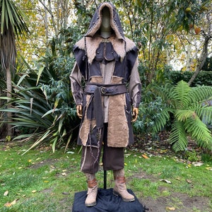Ranger of Middle Earth LARP Outfit - 3 Pieces; Faux Leather Fleece Lined Waistcoat, Hood, Sash