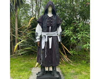 LARP Shadow Mage, 5 Piece Outfit Set, Waistcoat, Hood, Shirt, Pants, Sash, Grey for Cosplay, Ren Faire, Vikings, Medieval or History events