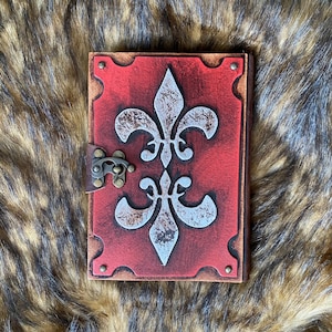 Leather Bound Journal with Metal Clasp and Fleur-de-lis Symbol - Red A5 Note Book