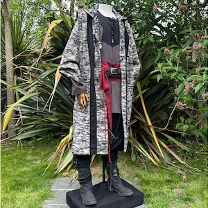 Hooded Mid-Length Robe - Brown & Black Patterned Wool for LARP, Medieval, Cosplay, Fantasy Costumes, and Renaissance Faire