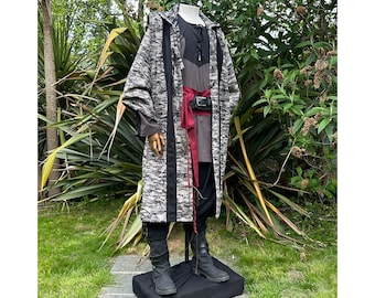 Medieval LARP Robe in Brown & Black wool with irregular pattern, mid length and loose fitting with long sleeves. For LARP Fantasy Character