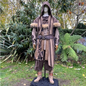 Barbarian Fighter LARP Outfit - 7 Pieces; Patchwork Waistcoat, Fur Trim Hood, Brown Shirt, Pants, Sash, Arm Wraps, Belt