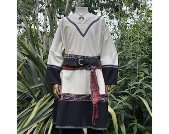 LARP Viking Tunic - Two Tone White & Black - Linen Cotton Mix with embroidery: Medieval Cosplay for Renaissance Faire, Fantasy Costume, DnD