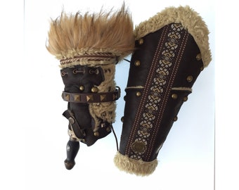LARP Vambraces - Brown Faux Leather & Faux Brown Fur - Matching Hood Available