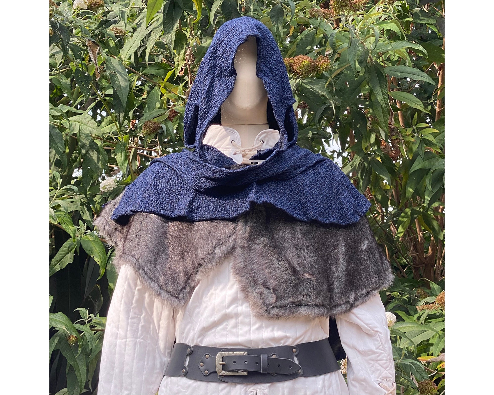 Blue Hood & Grey Mantle Basic Set 2 Pieces | Faux Fur | For LARP, Medieval, Viking, Barbarian, Warrior, Knight, Cosplay, Ren Faire