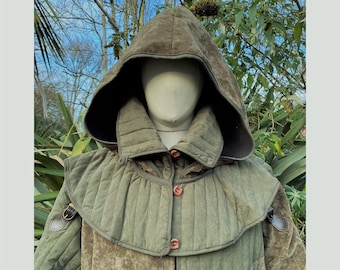 Padded Snood LARP Hood - Green Faux Suede with Gambeson Mantle