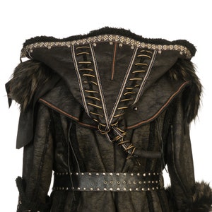 Dark Warrior 3-Piece Set – Perfect for Fighter, Warlock, and Assassin characters in LARP, Cosplay, and Ren Faire. Includes Faux Fur lined Studded faux leather Coat, Hood, and Vambraces.