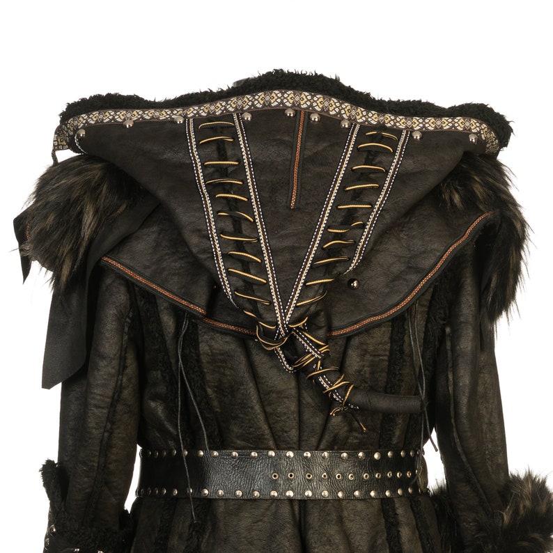 Dark Warrior 3-Piece Set – Perfect for Fighter, Warlock, and Assassin characters in LARP, Cosplay, and Ren Faire. Includes Faux Fur lined Studded faux leather Coat, Hood, and Vambraces.