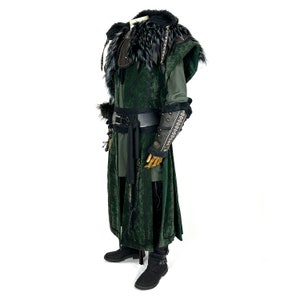 Twilight Alchemist LARP Outfit 7 Pieces, Green Waistcoat, Faux Leather Hood, Vambraces, Tunic, Pants, Sash and Necklace image 5