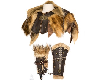 Ornate Medieval Hood and Vambrace Set - Brown - Faux Leather, Fur & Fleece | LARP, Rogue, Viking, Warrior, Fantasy Cosplay, Ren Faire