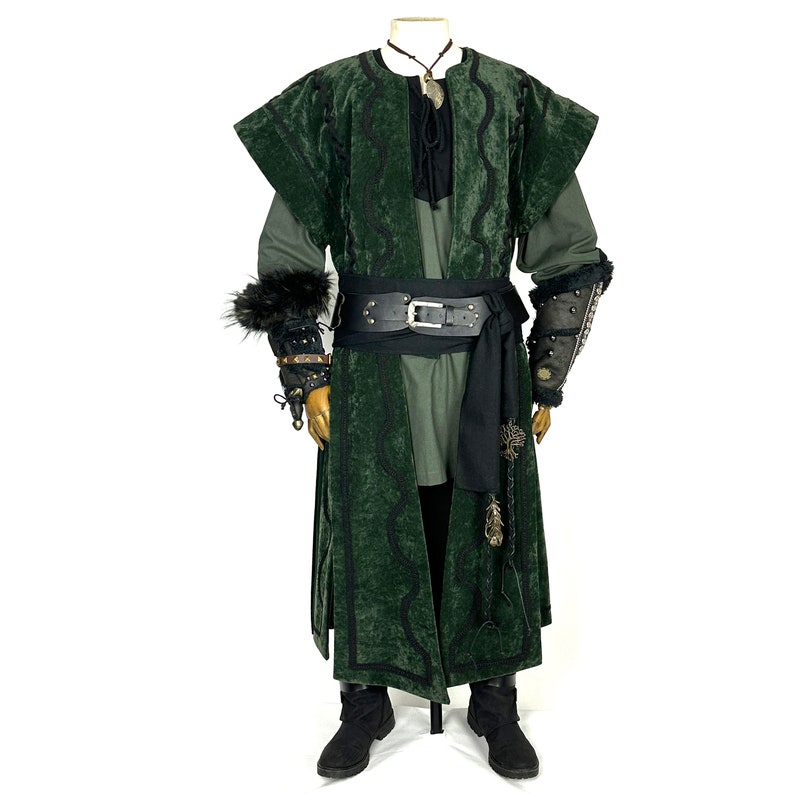 Twilight Alchemist LARP Outfit 7 Pieces, Green Waistcoat, Faux Leather Hood, Vambraces, Tunic, Pants, Sash and Necklace image 6