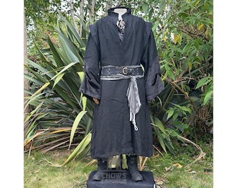 LARP Robe with High Collar, Black, Renaissance Faire Robe, Medieval Fantasy Costume, Wool, Faux Fur, Royal, Alchemist, Wizard