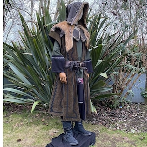 Forest Guardian LARP Outfit - 4 Pieces; Green Panel Waistcoat, Ornate Hood, Tunic, Sash