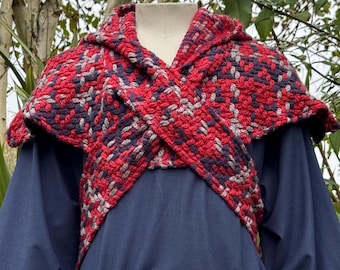 Medieval LARP Scarf Hood - Red Tricolor Wool, Cowl, Gugel, Mantle, Assassin, Ranger, Rogue, Viking, Warrior, Fantasy, Renaissance Faire