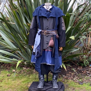 Ocean Druid LARP Outfit - 5 Pieces; Ornate Jacket, Tunic, Pants, Hood, Sash