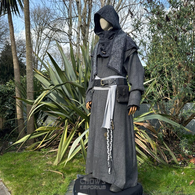 Mage Long Robe Medieval Smoke Mage LARP Outfit, 3+ Pcs, Grey Herringbone Wool Robe ...