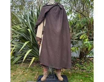 LARP Cloak with Hood, Brown Wool Cloak, Renaissance Faire Hooded Cape, Medieval Fantasy Costume, Wizard Robe, Mage, Viking, Elven, Cosplay