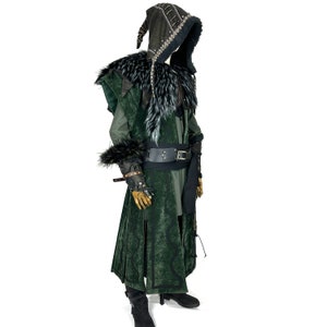 Twilight Alchemist LARP Outfit 7 Pieces, Green Waistcoat, Faux Leather Hood, Vambraces, Tunic, Pants, Sash and Necklace image 2