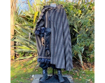 LARP Cloak with Hood, Blue & Grey Mohair Wool Cloak, Renaissance Faire Hooded Cape, Medieval Cloak, Wizard Robe, Viking, Fantasy Cosplay
