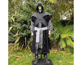 Dark King LARP Outfit - 4 Pieces; Black Panel Waistcoat, Robe, Wrap Around Hood, Sash