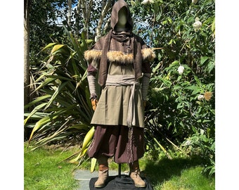 Forest Alchemist LARP Outfit - 5 Pieces; Brown & Green, Tunic, Hood, Arm Wraps, Pants, Sash