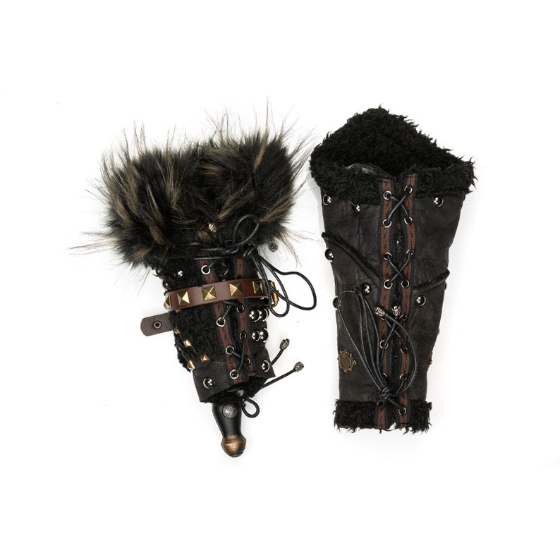 Dark Warrior 3-Piece Set – Perfect for Fighter, Warlock, and Assassin characters in LARP, Cosplay, and Ren Faire. Includes Faux Fur lined Studded faux leather Coat, Hood, and Vambraces.