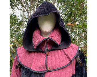 Padded Snood LARP Hood - Black & Red Faux Suede with Gambeson Mantle