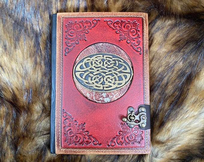 Leather Bound Journal with Metal Clasp and Oval Celtic Symbol - Red A5 Note Book
