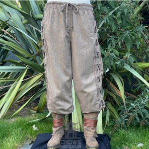 Medieval Straight Leg LARP Pants with Side Lace & Braiding, Brown Wool, Slim Cut, Viking, Pirate,Knight, Fantasy, Cosplay, Renaissance Faire image 1